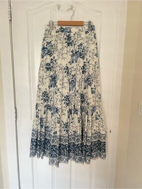 Zara White Maxi Skirt with Blue Floral Print, NEW